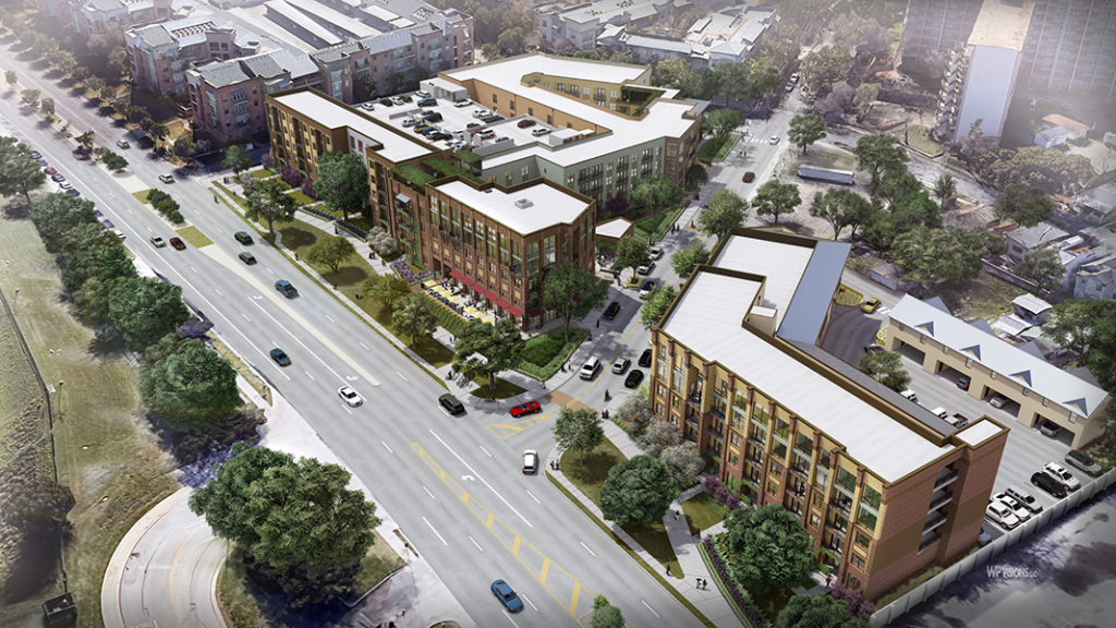 Four story apartment buildings afford prime views of the downtown skyline.