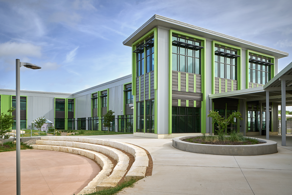 Interior courtyard at SST College Prep with tiered seating for outdoor classroom experiences.