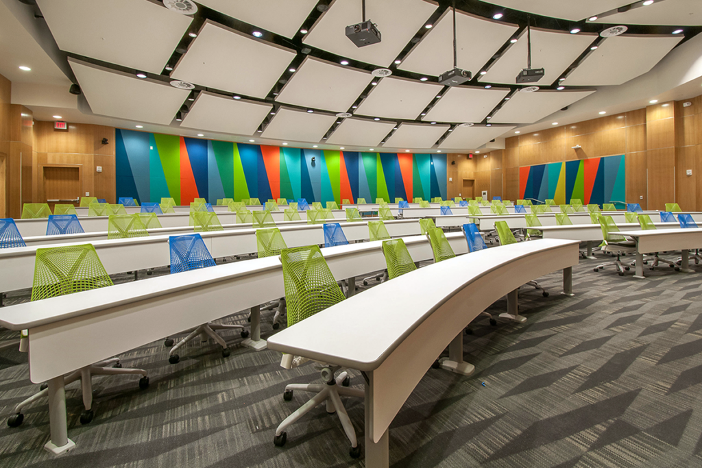 Technology integrated with select furniture enhances the educational environment.