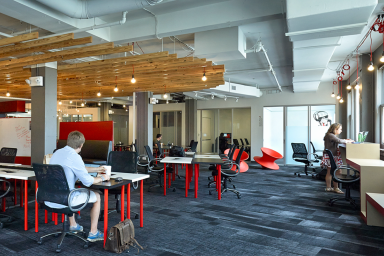 Natural light fills the open collaboration spaces, creating a bright and inviting atmosphere.