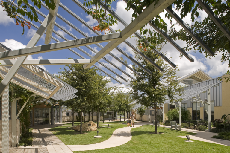 The courtyards are the centerpiece of the campus, providing circulation and space for socialization. Photo series: Chris Cooper.