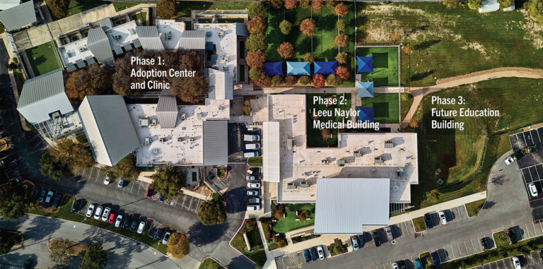 San Antonio Humane Society campus seen from the air: buildings and rooflines reference regional agricultural buildings within a contemporary sensibility. Aerial photo © Matthew Neimann.