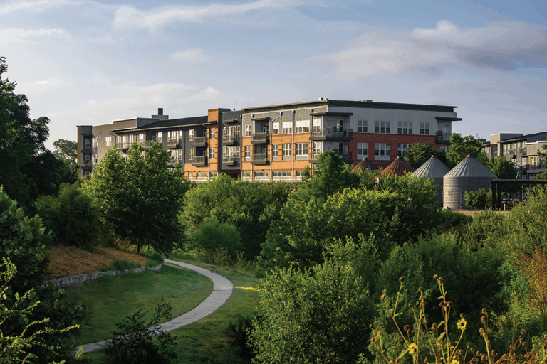 New buildings draw inspiration from previous and retained industrial structures on site.