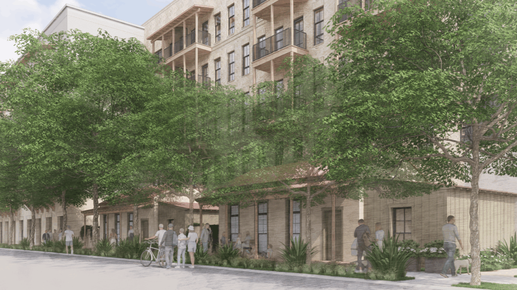 Respecting neighboring streets: Two casita residences step down scale at the residential edge of the project at Lavaca Street. Renderings courtesy Don B. McDonald, AIA.