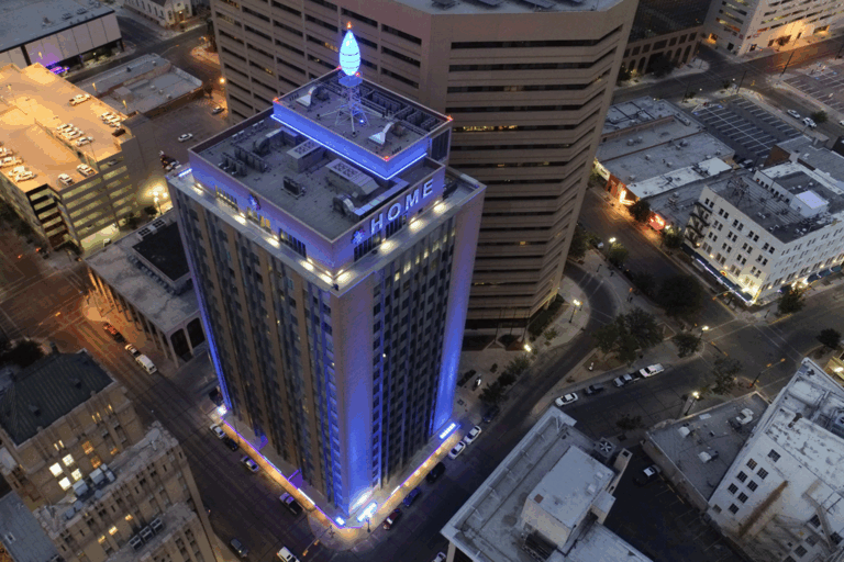 The building’s illuminated “gas flame” sculpture doubled as a color-changing weather beacon, visible all over town. Photo, William Helm, AIA.