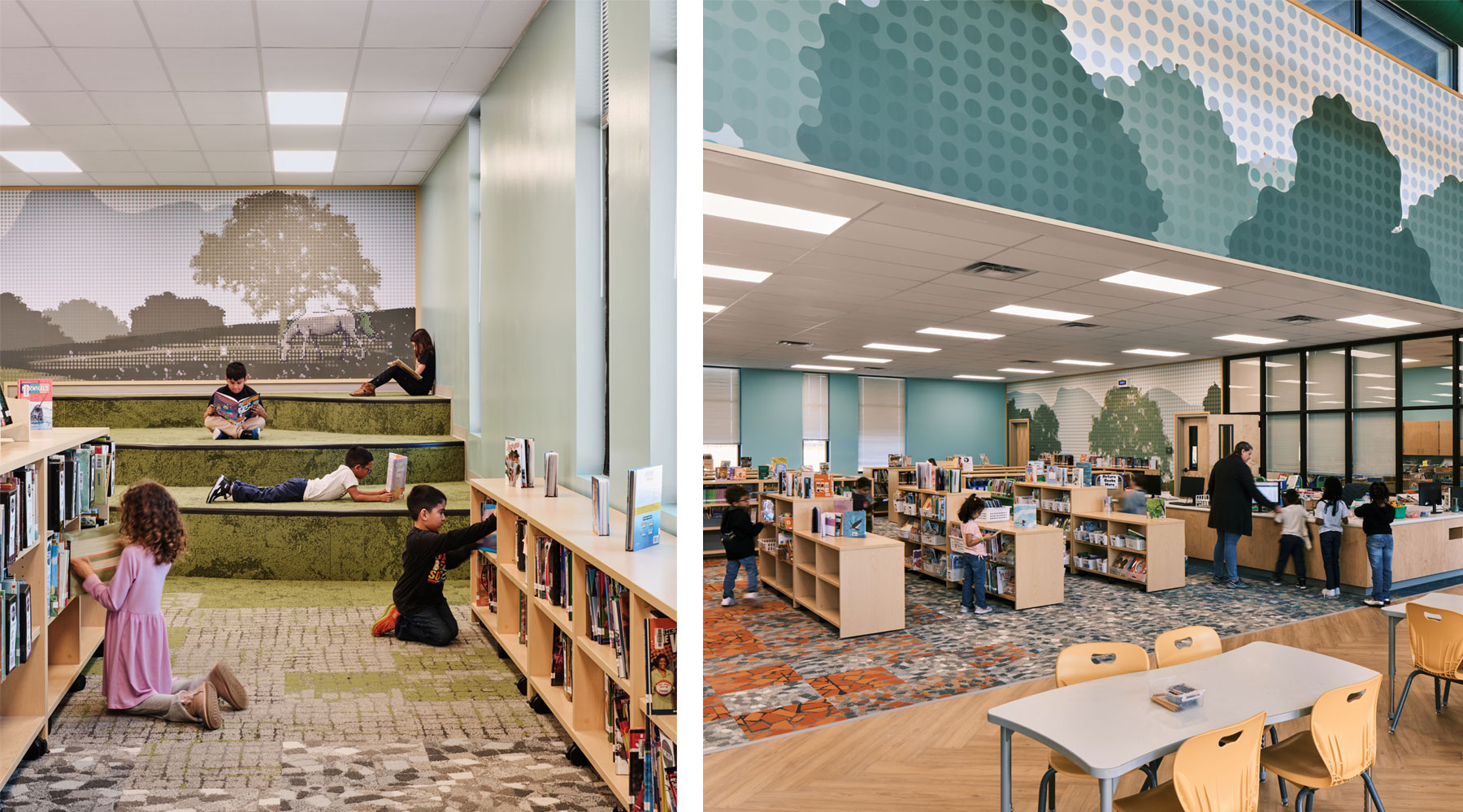 Storytime Area and Library Collection | Left: The Storytime Area is a serene, “hilly” respite for quiet reading or smaller class gatherings adjacent to the open book stacks. The fanciful mural landscape creates a storybook setting. Right: A key design strategy supporting learning is a free flow of movement among large, immersive spaces and smaller, focused spaces. The Library, an example of an immersive space, connects the Classroom Building and the Maker Space, which is part of the Innovation Hub.