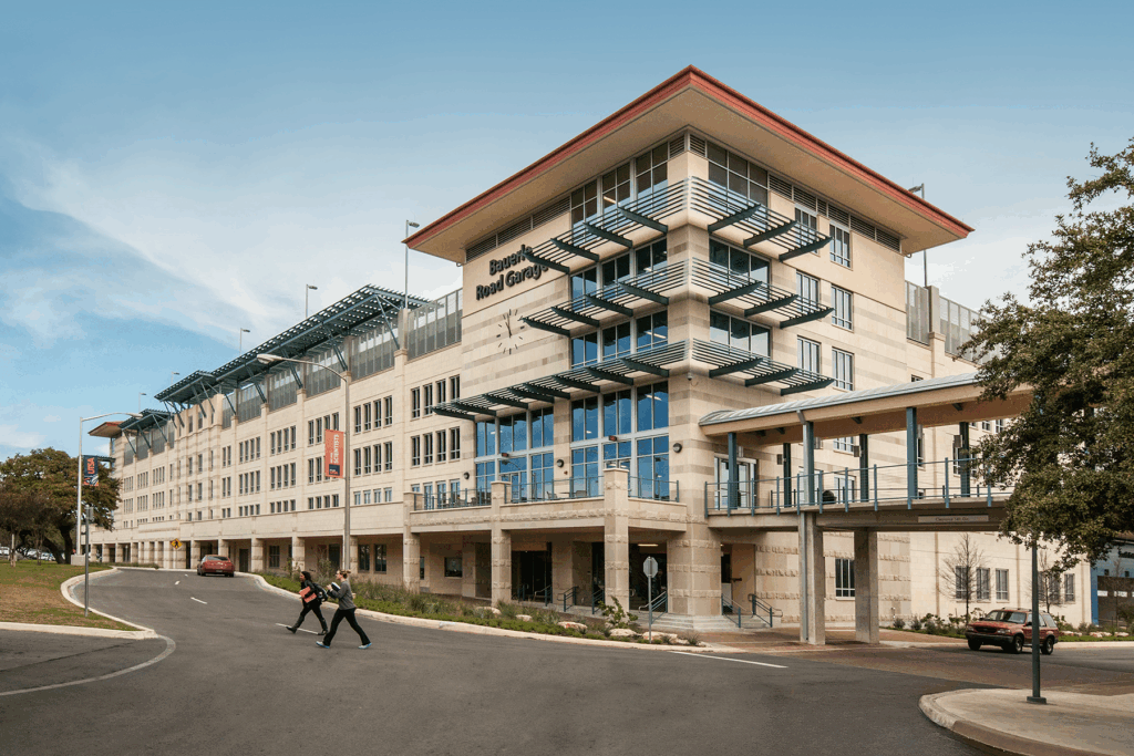 The UTSA Bauerle Road Garage is connected to the Main Building by an elevated walkway.