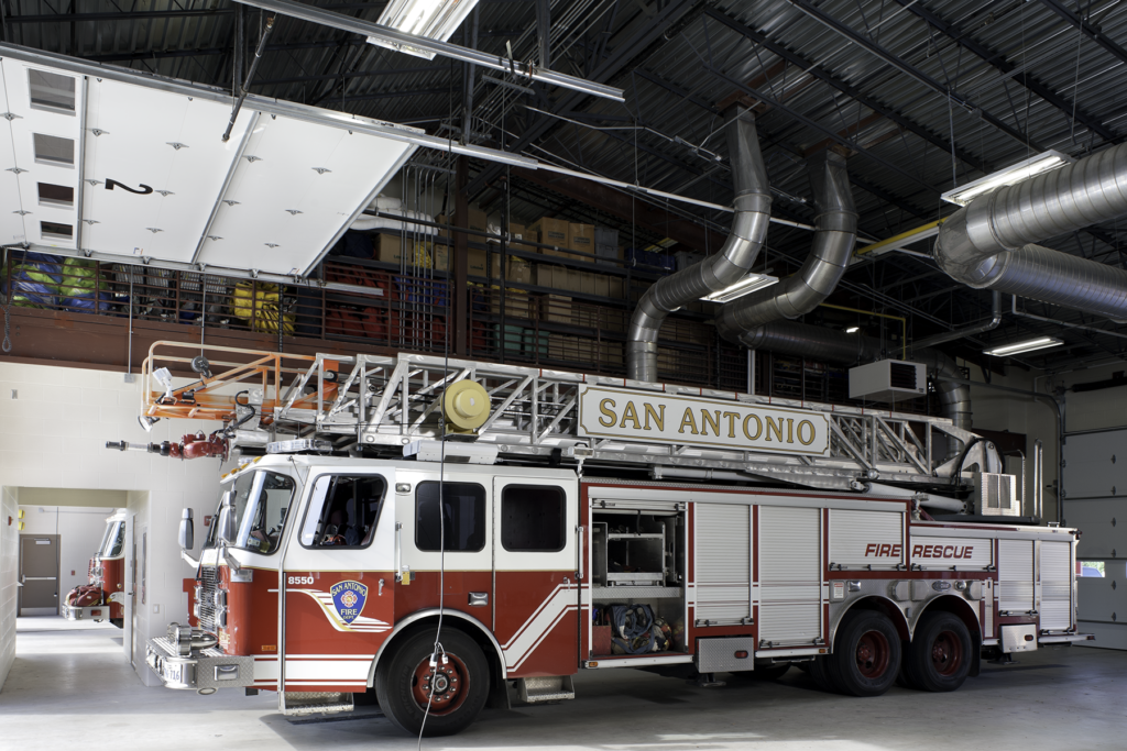 Apparatus bay at Fire Station 1, fire command for downtown San Antonio.
