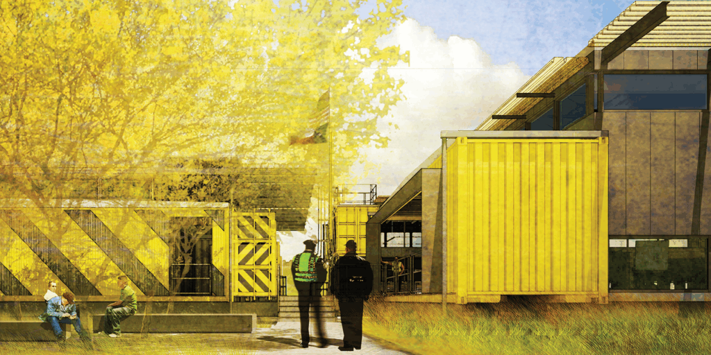 Design for the Law Enforcement campus incorporated repurposed shipping containers. Renderings, Helen Pierce, AIA.