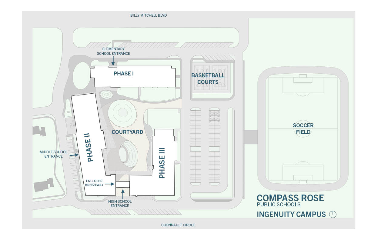 A site map shows the relationship between the three buildings and the courtyard.