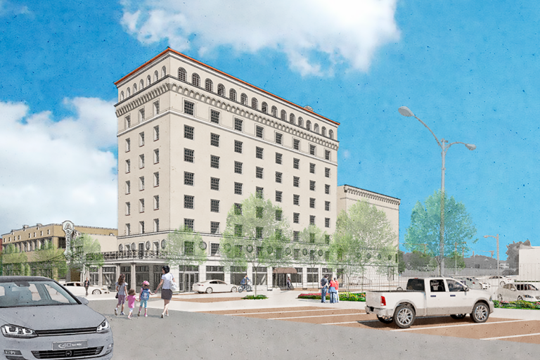 The 9-story former Doering/Hawn Hotel now anchors Hawn Plaza, restoring lively activity to its corner of historic downtown Temple, Texas.