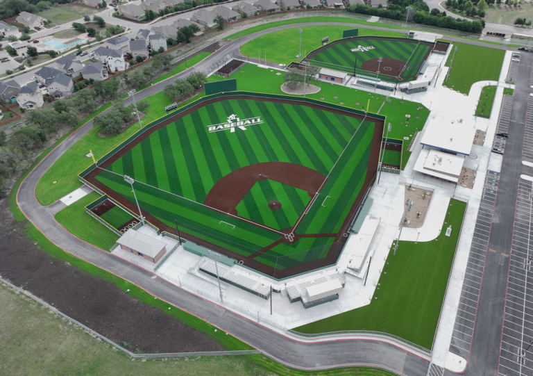Aerial view of newly completed baseball and softball fields.
